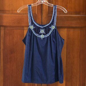 Free People Blue Tank Top Embroidered Green and Light BLue Flowers - Size Large